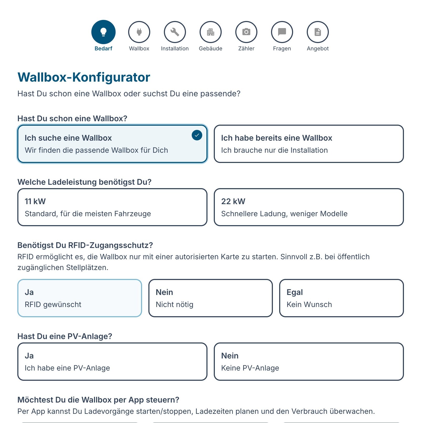 Wallbox-Konfigurator von Acada, erster Schritt: Bedarf